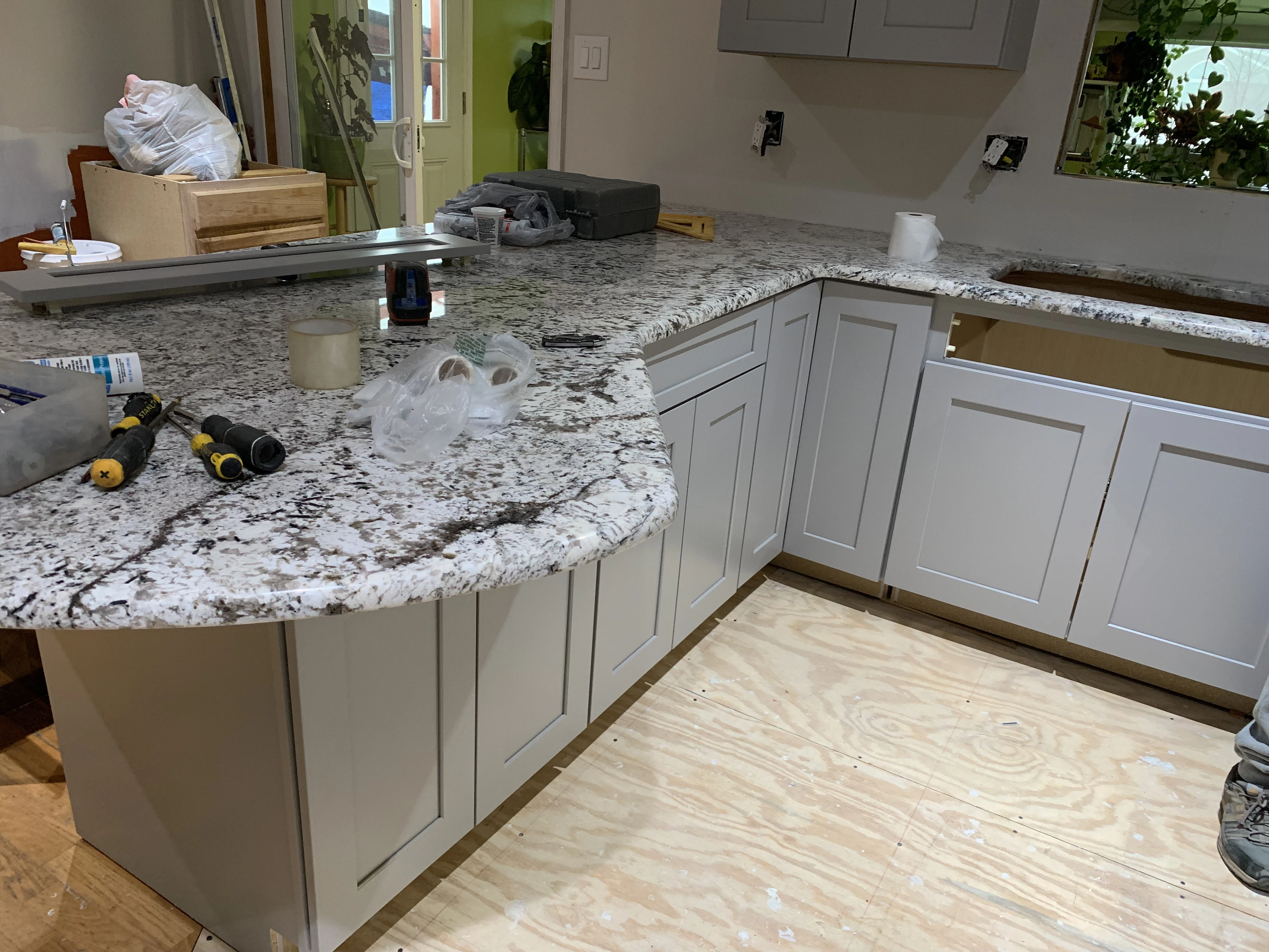 The kitchen renovation with newly installed cabinets